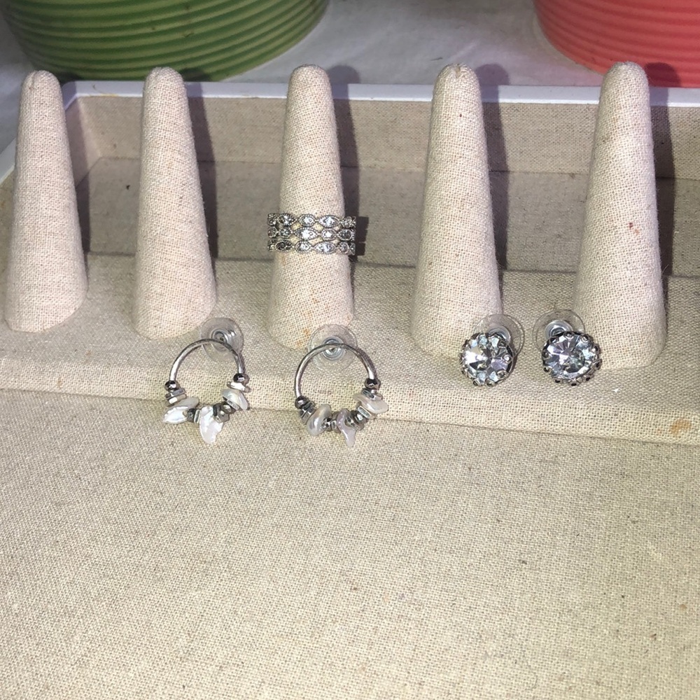 Stella & Dot earrings and stack ring